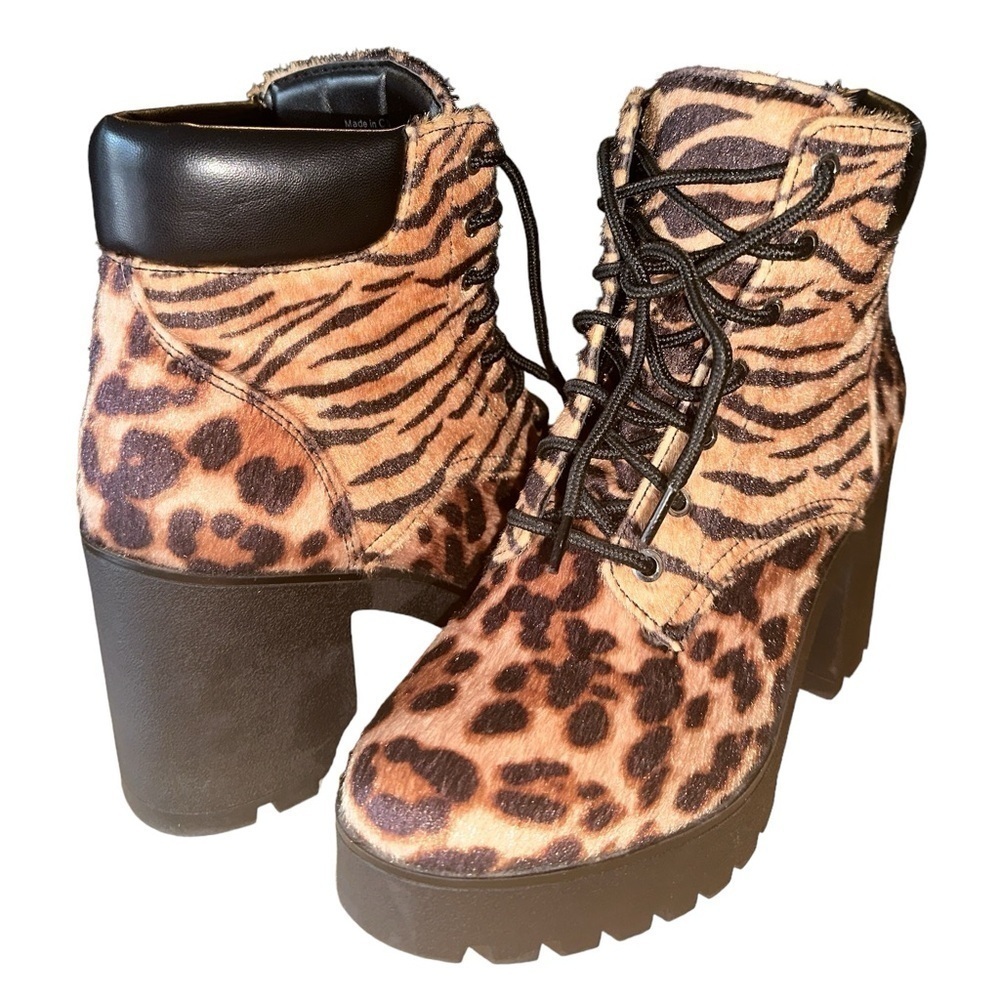 NWOB Aldo Nispel Mixed Animal Print Faux Horsehair Lug Sole Lace-Up Booties Sz 7